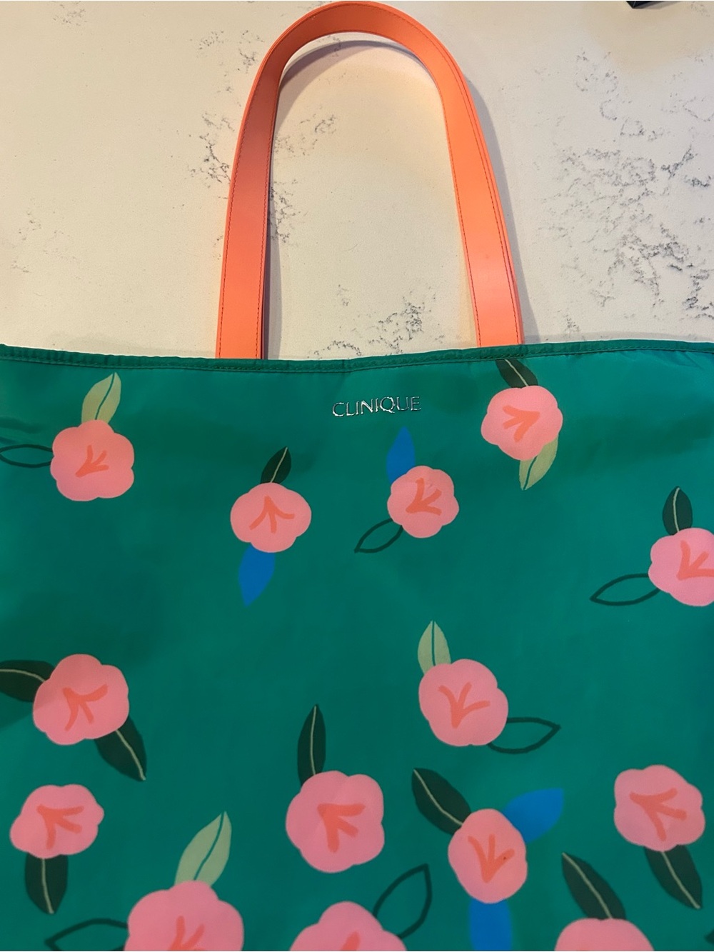 Clinique Teal Floral Tote with Coral Handles